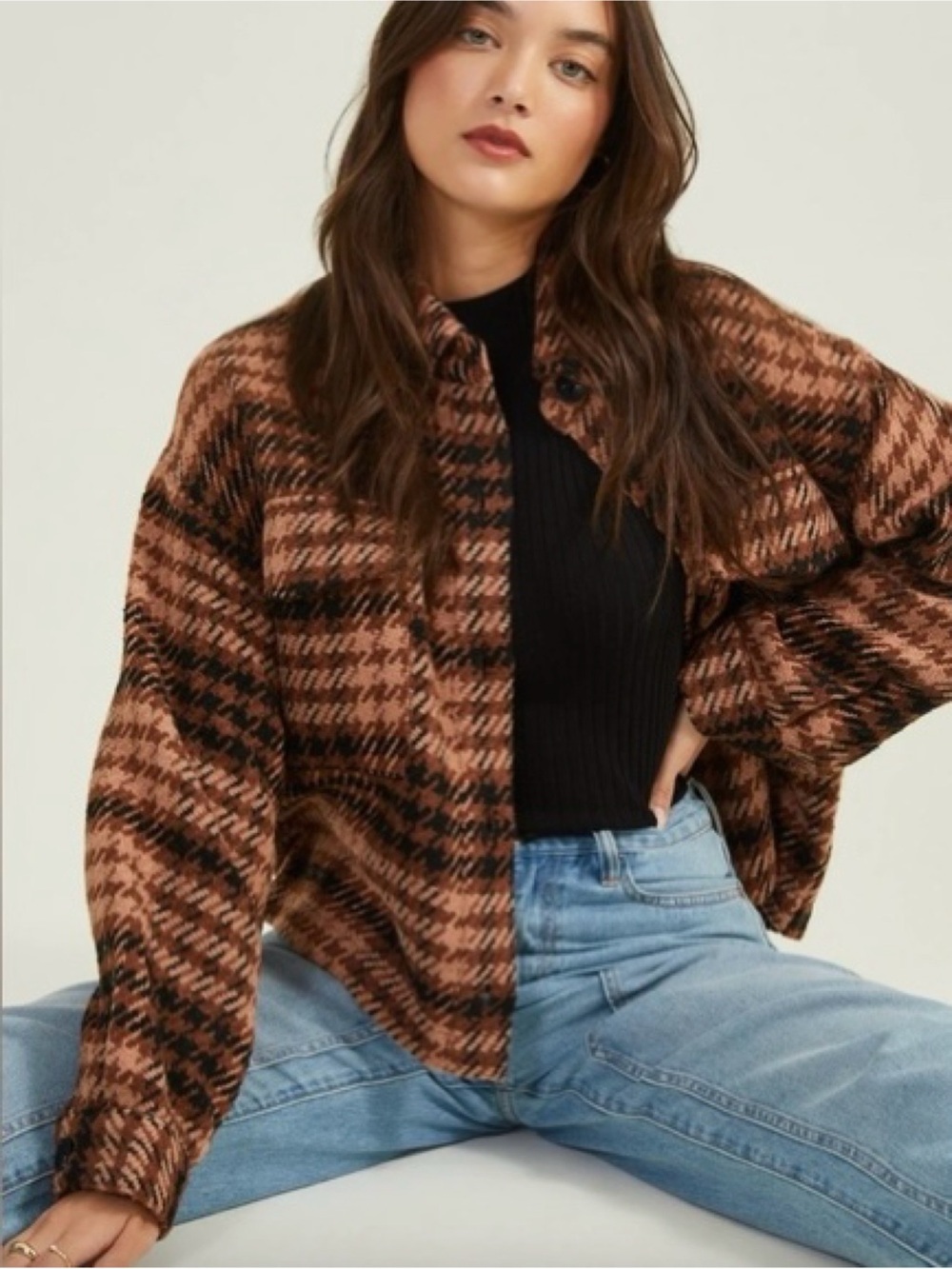 Sz L Altar’d State Relaxed Oversized Cropped Brown & Tan Houndstooth Shacket EUC - Picture 5 of 5